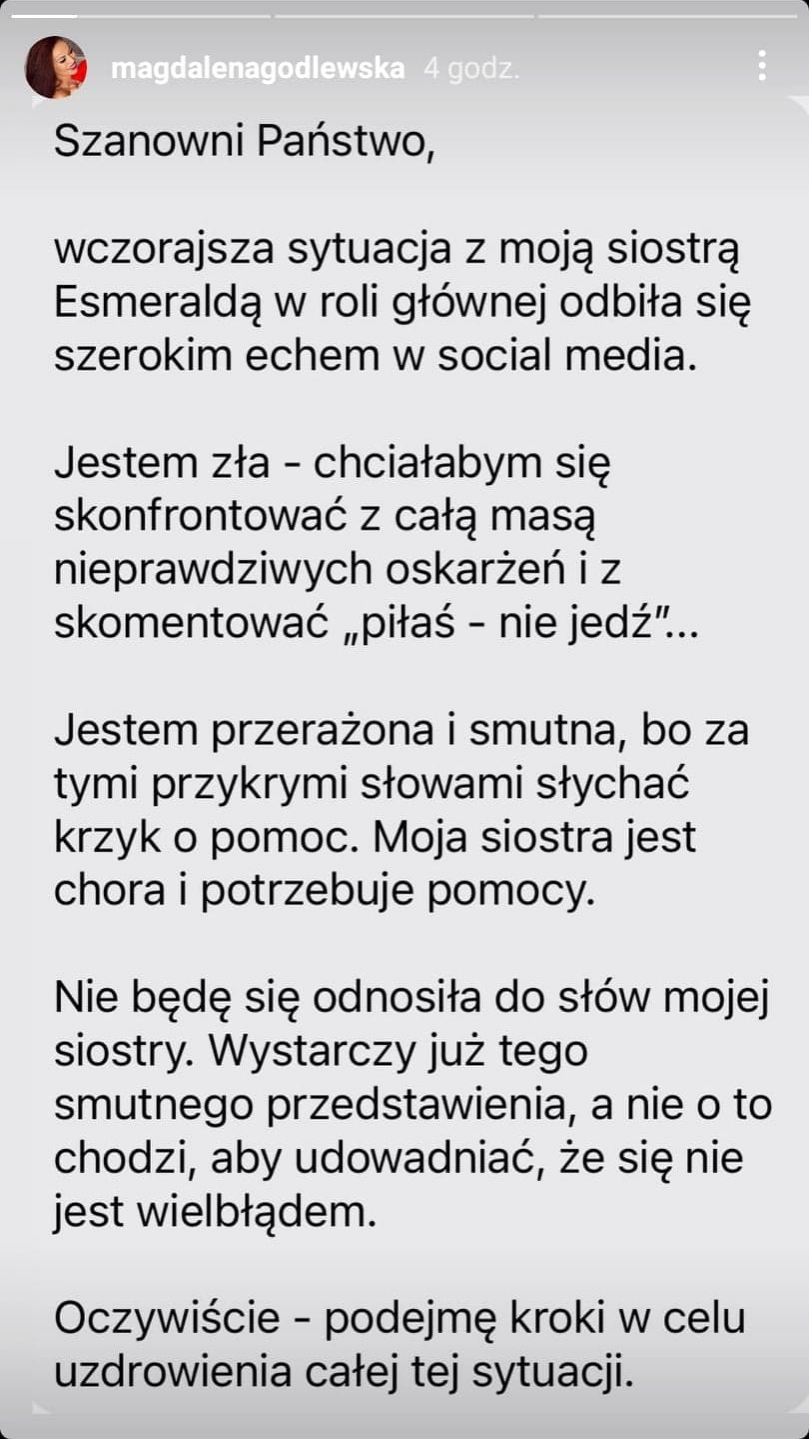 Magda Godlewska zabrała głos w sprawie siostry. Wcześniej pojawił się wpis o śmierci Esmeraldy