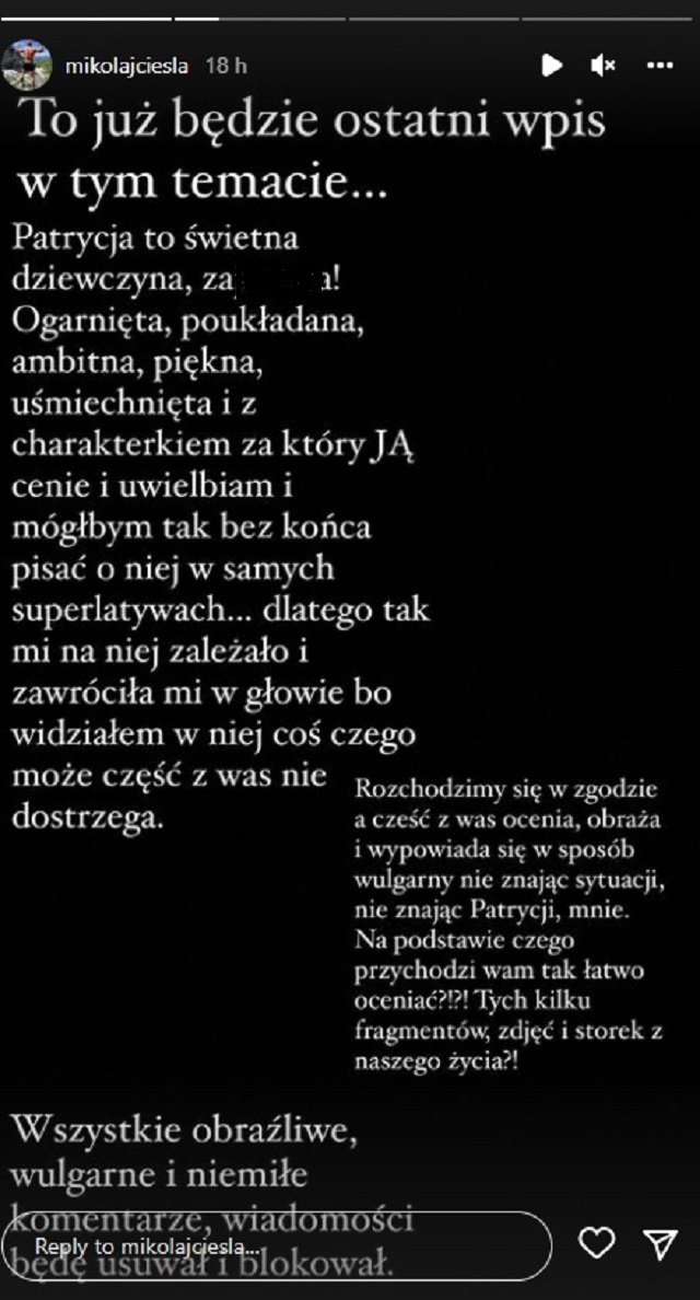 "Love Island". Mikołaj wymownie o Patrycji. Uczestnik show komentuje ich rozstanie