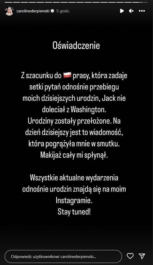 Caroline Derpienski spędziła urodziny bez Jack'a. Wydała specjalne oświadczenie