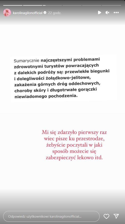 Karolina Gilon choruje po wakacjach. „Takie dolegliwości byłyby nie do zniesienia w tropikach”