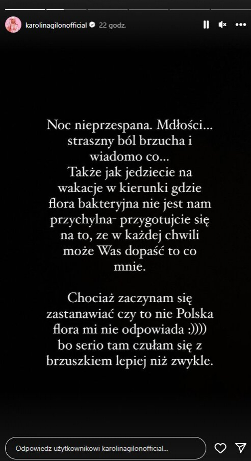 Karolina Gilon choruje po wakacjach. „Takie dolegliwości byłyby nie do zniesienia w tropikach”