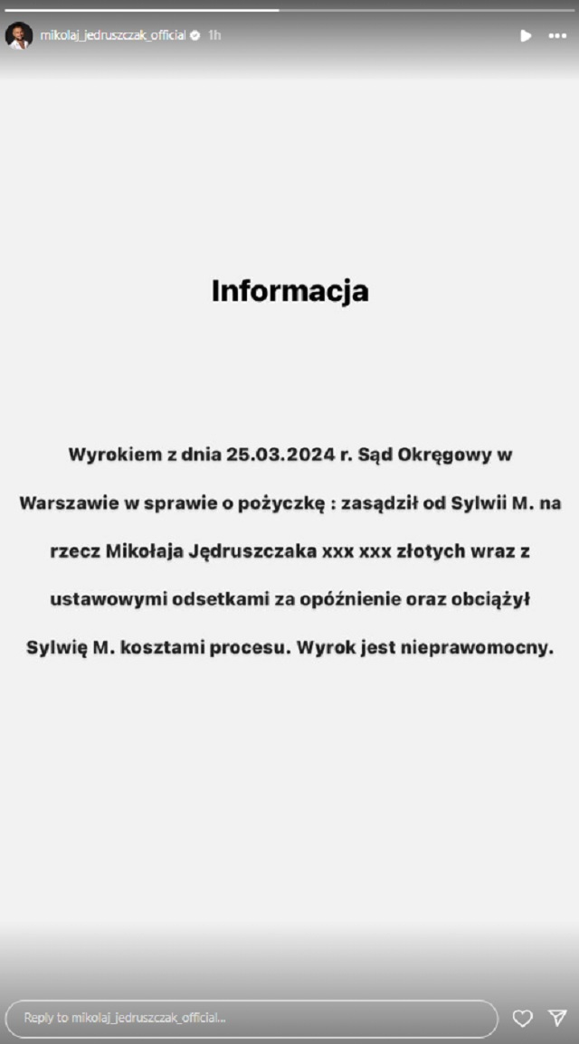 Mikołaj Jędruszczak z "Love Island" wspomniał o Sylwii. W komunikacie mowa o wyroku sądowym