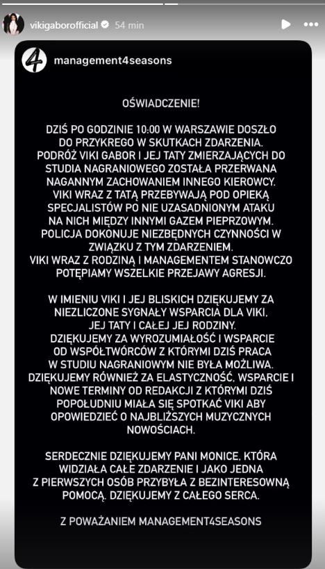 Viki Gabor wydała oświadczenie po tym, jak zostali z ojcem zaatakowani w Warszawie