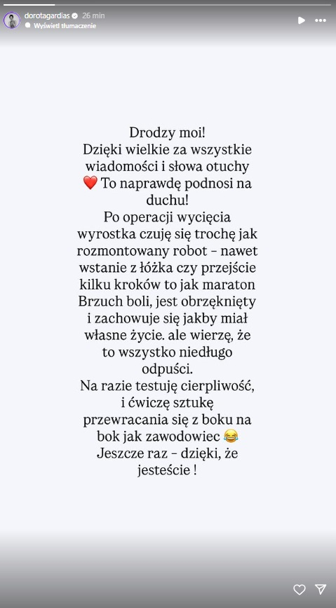 Dorota Gardias przerwała milczenie po operacji. W weekend trafiła do szpitala 